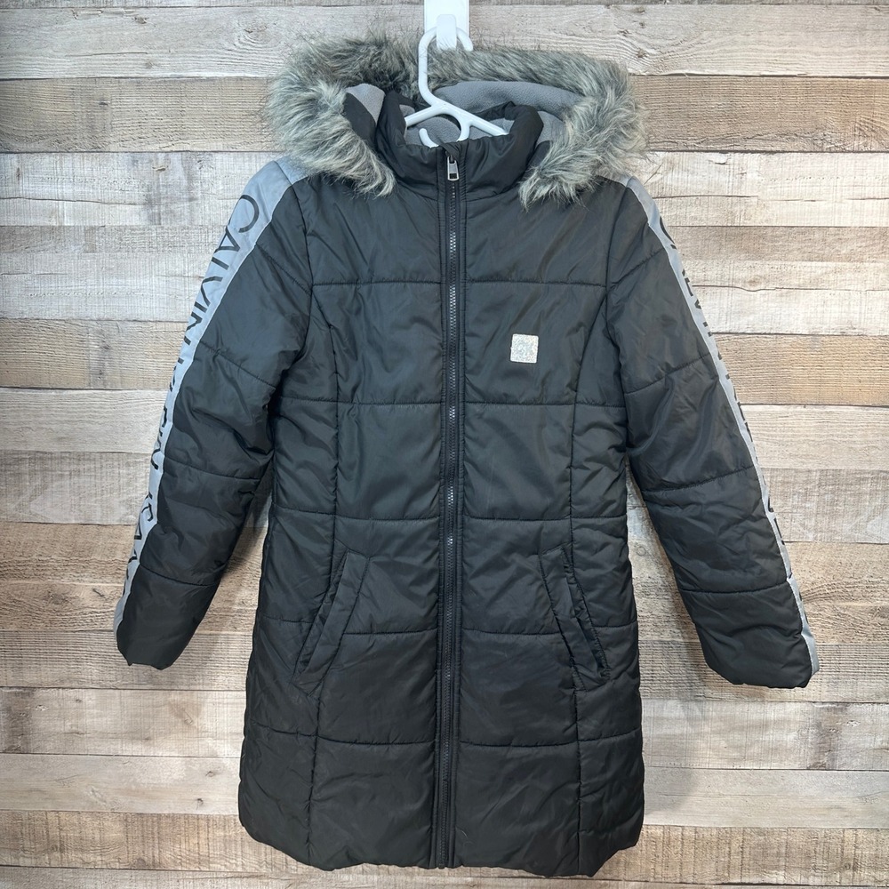 Calvin Klein Jeans Girls Puffer Coat Black Faux Fur‎ Hood L 12/ 4 Quilted Lining